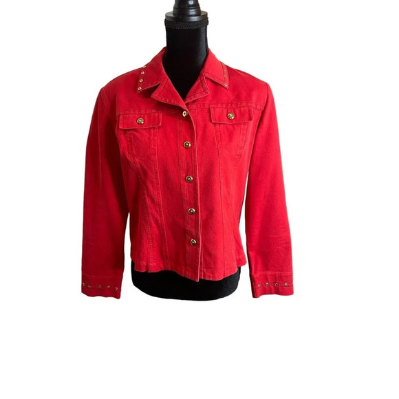 St John Sport Marie Gray Size P Small Red Denim Jacket Gold Stud Accents Vintage - Picture 1 of 12